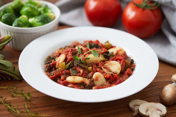 Butter Bean Ragu with Roasted Garlic Brussels Sprouts