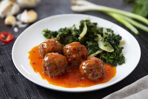 Beef Bulgogi Meatballs with Roasted Spinach and Onion